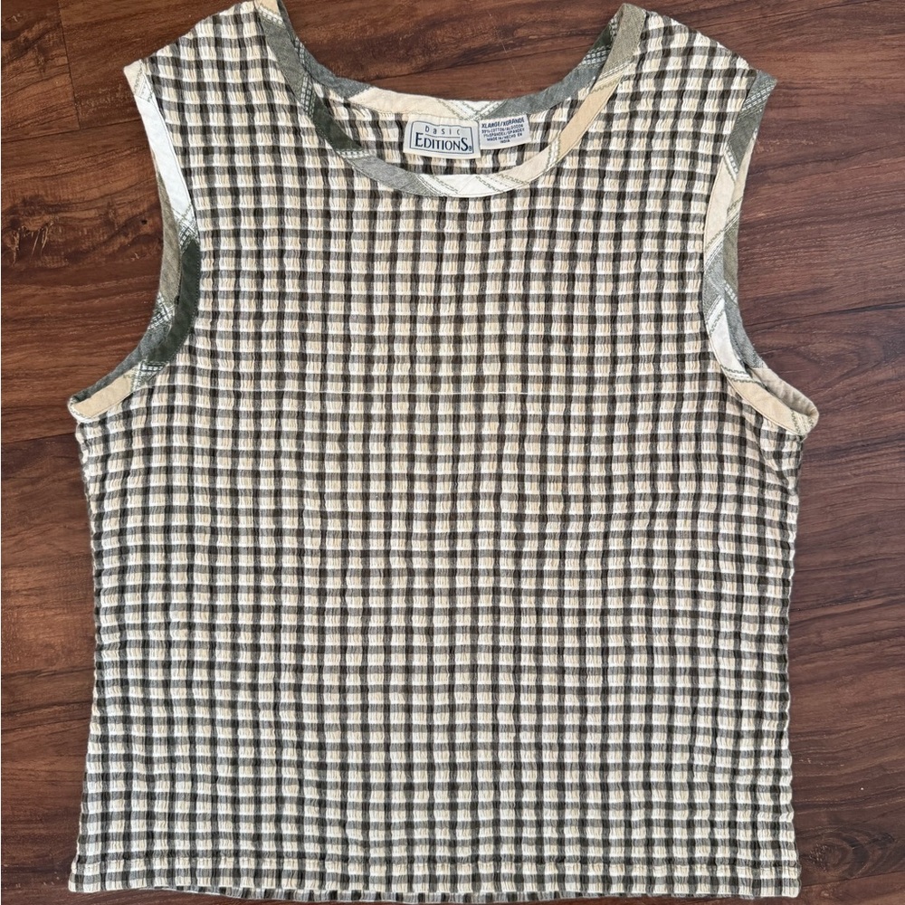 Basic Editions Green and White Fitted Ribbed Tank Top